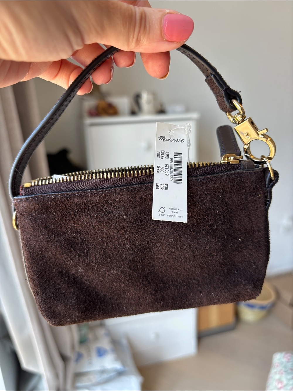 Madewell Dark Brown Suede Wristlet with Gold Hardware